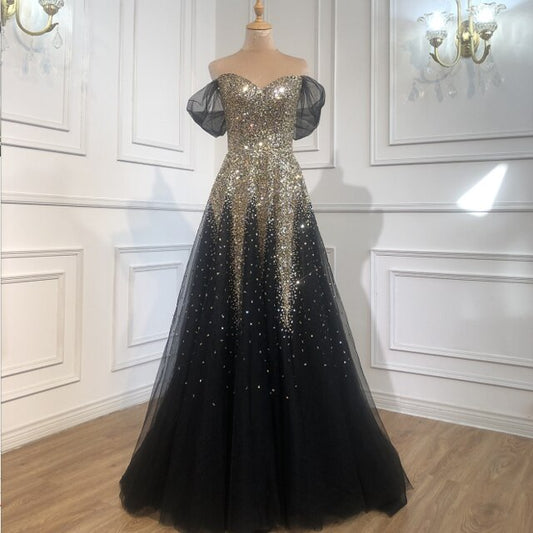Black Gold A-line Luxury Evening Dresses Gowns 2021 Sparkle Beading Sexy For Women Party Dress - LiveTrendsX