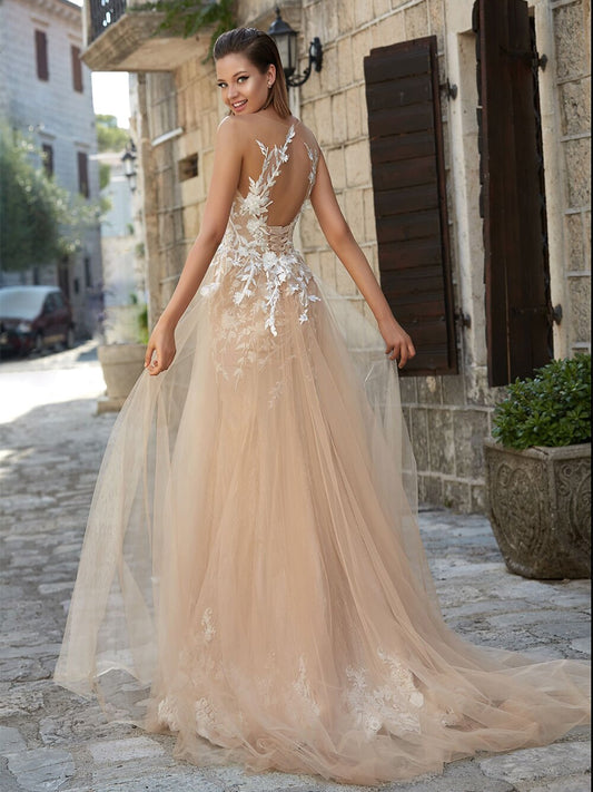 2021 New Sparkly Tulle Illusion Sexy Backless A-Line Wedding Dresses O Neck Off Shoulder Appliqued Detachable Skirt Bridal Gowns - LiveTrendsX