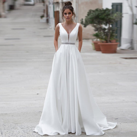 2021 New Illusion Sexy V Neck Off Shoulder Backless A-Line Wedding Dresses Simple Draped Fashion Pockets Beading Bridal Gowns - LiveTrendsX