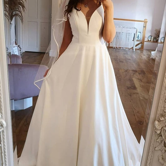 A-Line Wedding Dress 2021V-Neck White Satin Lace Appliques Bridal Gown Court Train Robe De Marie Bridal Gown With Pocket - LiveTrendsX