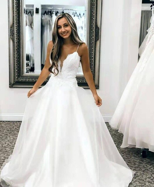 Sexy Long V-Neck A-Line Lace Wedding Dresses with Pockets Spaghetti Ivory Satin Floor Length Zipper Back Bridal Gowns for Women - LiveTrendsX