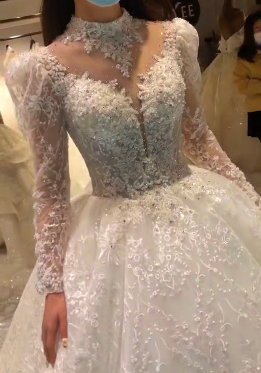 2021 Luxurious Beaded America Ball Gown Long Sleeves Wedding Dresses Lace Tulle 3d Appliques Fitted Bridal Gowns Plus Size - LiveTrendsX