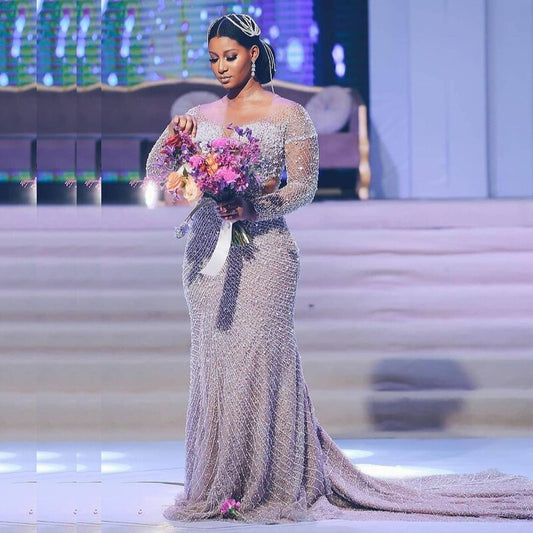 Bead Plus Size Mermaid Wedding Bridal Dresses Sheer Neck Long Sleeve Sequin Pearls Robes De Mariee Sirene - LiveTrendsX