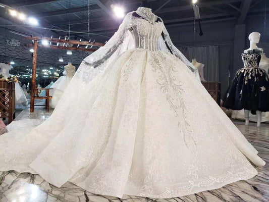 Beading Sequined Appliques Lace Necklace Shawl Long Sleeve Gorgeous Ball Gown Wedding Dress With 1.5m Picture Chapel Train - LiveTrendsX