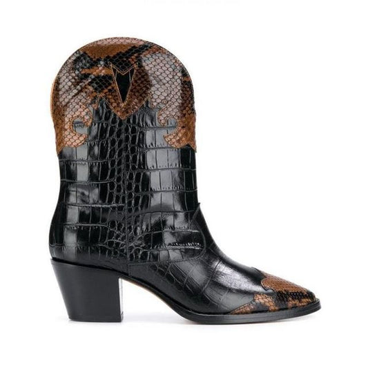 Print Stitching Mid-heel Low Women Boots