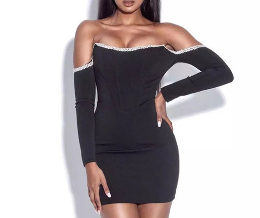 Black Off The Shoulder Long Sleeve Rayon Bandage Dress