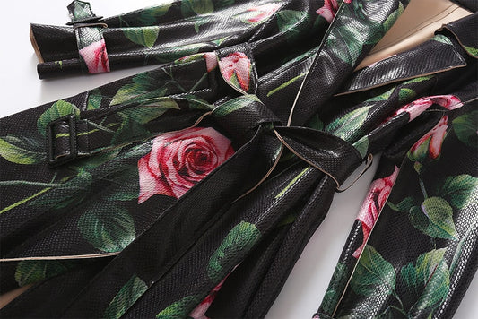 フラワープリントの明るいレザートレンチコートレディース