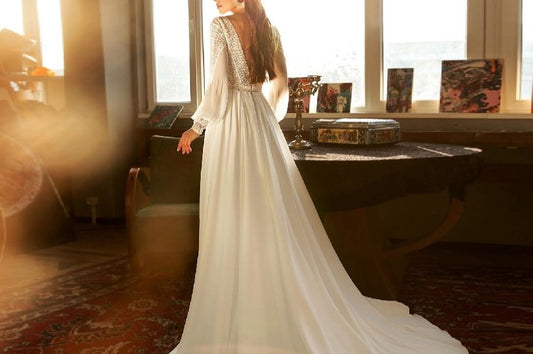 Puffy Long Sleeve Dress Women Boho Wedding Dresses 2021 Vestido Sexy Bridal Wedding Gown V-Neck Backless Lace Bodice - LiveTrendsX