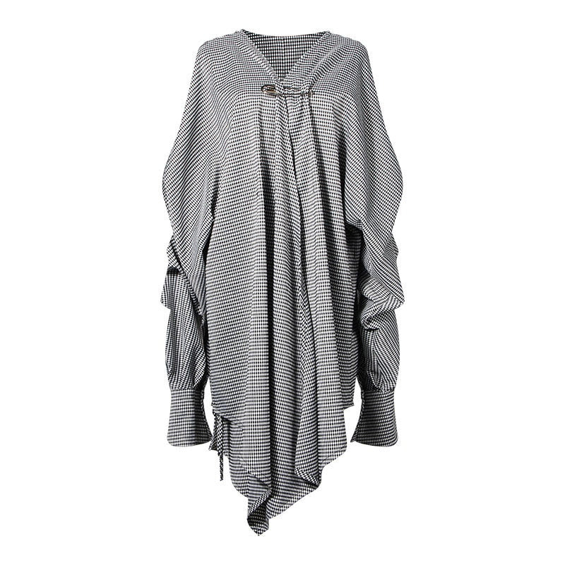 Women Black Plaid Irregular Stitch Big Size Dress