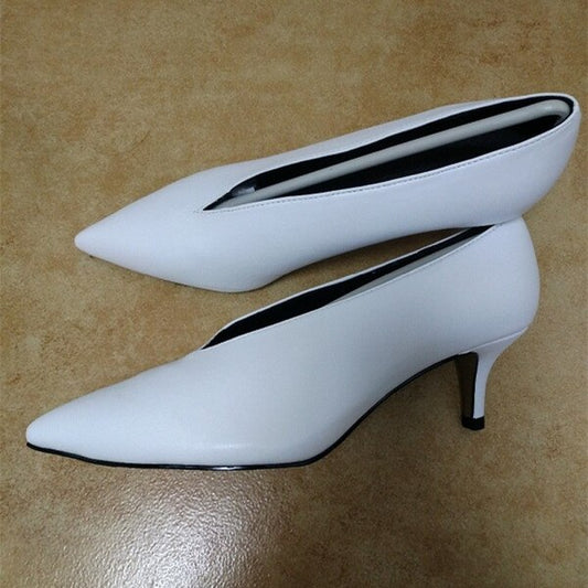 Pointed Thin Heels Womens Shoes Deep V Design Lady Single Shoes Elegant European American High Heels Retro Small Leather Shoes - LiveTrendsX