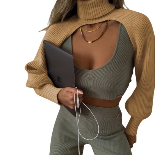 Female Sweater Solid High Collar Long Puff Sleeve Knitwear Pullover for Women Apring Autumn Halter Top - LiveTrendsX