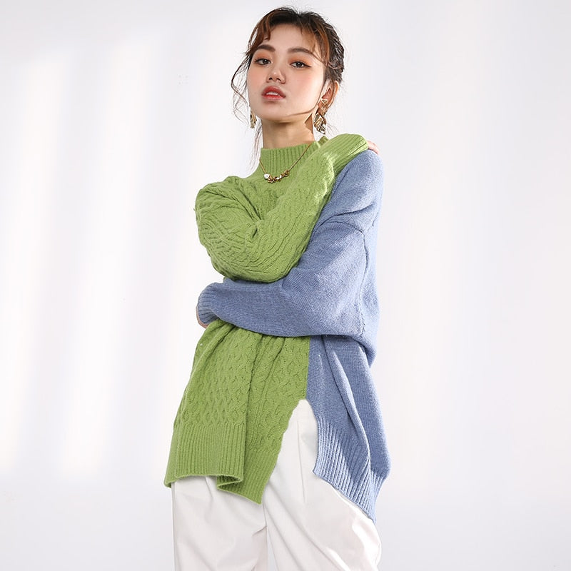 Gray Blue Irregular Knitting Sweater Loose Turtleneck