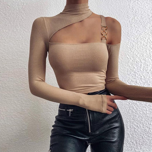 Sexy Off Shoulder Chain Strap Bodycon Blouse - LiveTrendsX