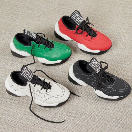 Women Round Toe Cross Strap Thick Bottom Leather Sneakers