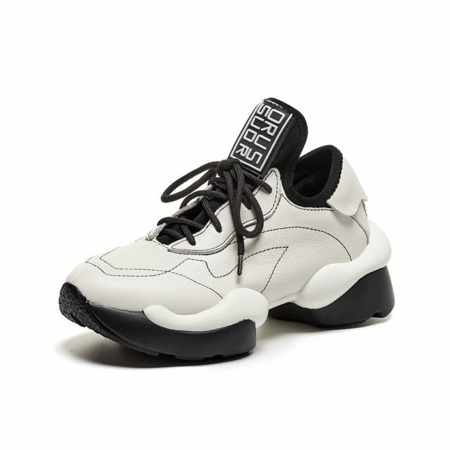 Women Round Toe Cross Strap Thick Bottom Leather Sneakers