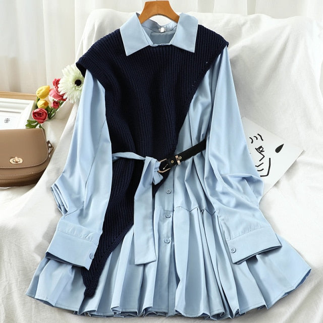 Women Turn-Down Collar Pleated Dress