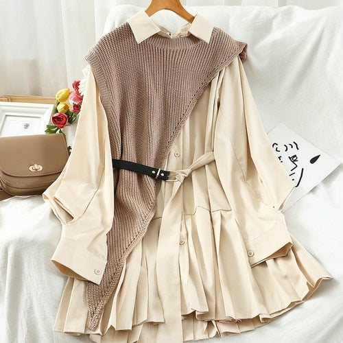 Women Turn-Down Collar Pleated Dress