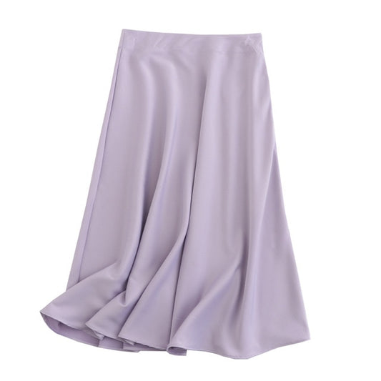 women solid quality satin midi skirt