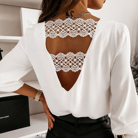 Chic Back V-shaped Hollow Lace Shirt