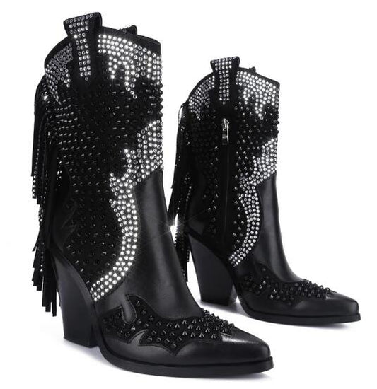 女性用ミドル丈ブーツ キラキラ輝くチャンキーヒール