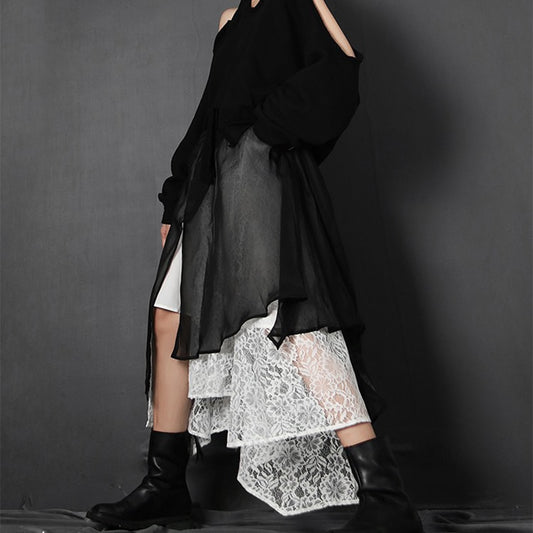 Vintage Patchwork Lace Skirt For Women High Waist