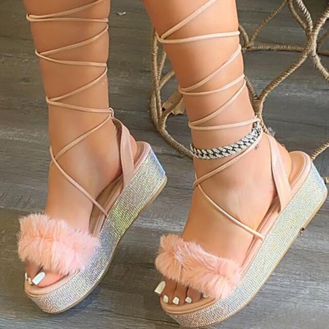 2021 Women Furry Platform Sandals Cross Tied High Heels - LiveTrendsX