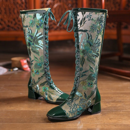 Summer Embroider Mesh Genuine Leather Women Knee-High Long Boots - LiveTrendsX