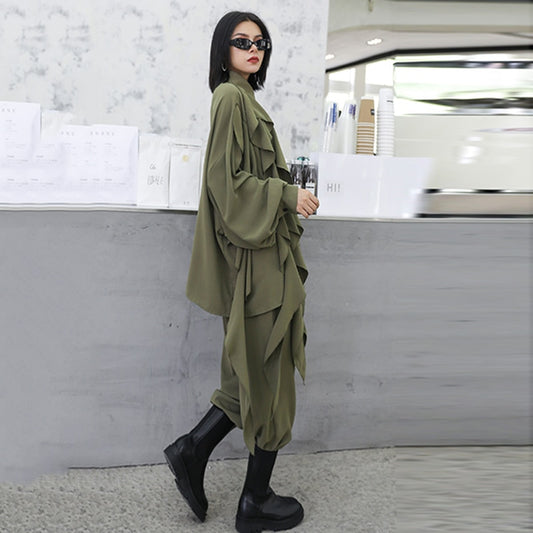 Wide Leg Pants Ruffles Big Size Two Piece Women Suit
