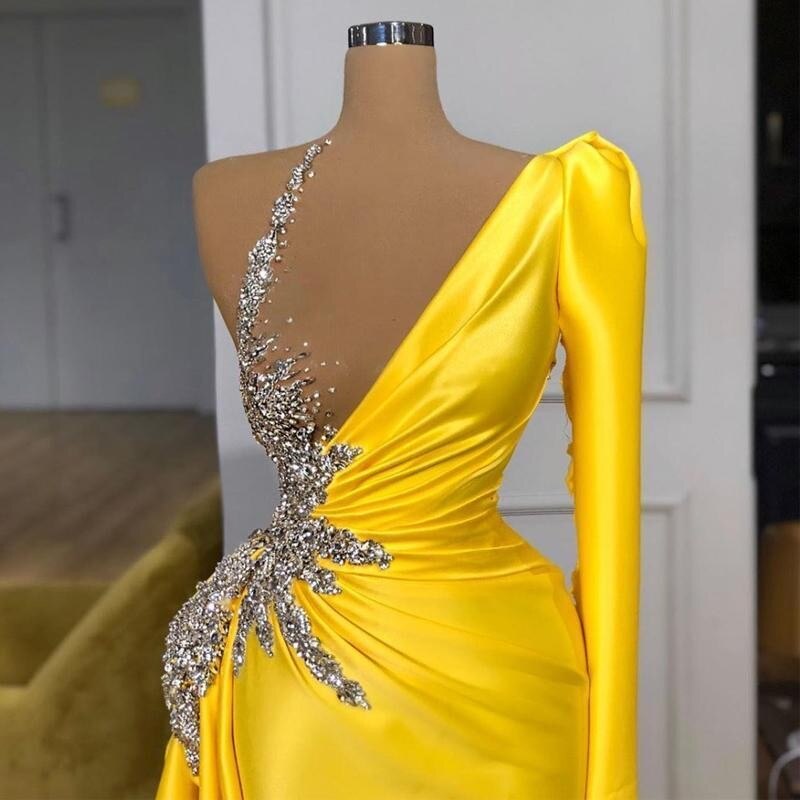 Gold Yellow One Shoulder Long Sleeve Prom Dresses Sexy