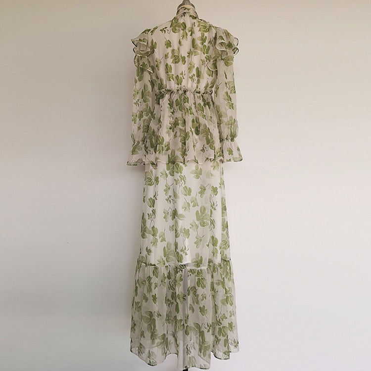 Ruffles Green Flower Print Lantern Sleeve Party Elegant Dresses