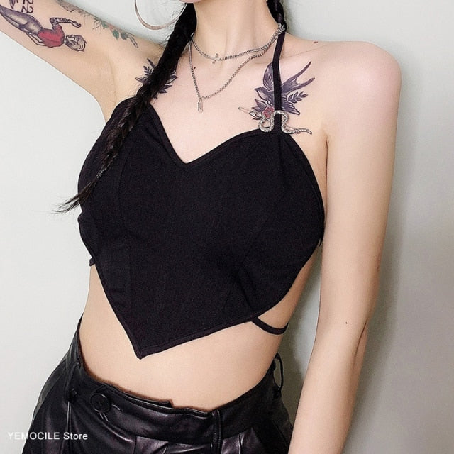 Black Crop Top Lace Strap Corset - LiveTrendsX