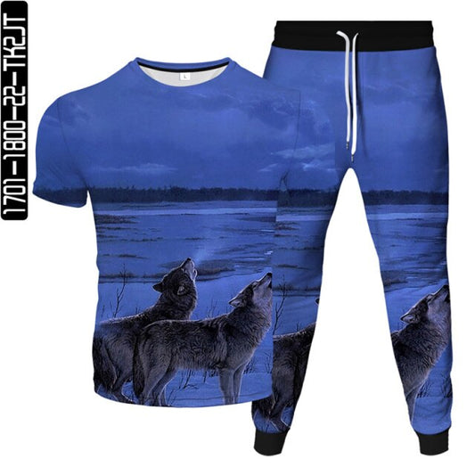 Mr.z Harajuku Wolf T-Shirt 3D ink eagle Print Casual streetwear 2021 Summer Short sleeve Round neck men Top Trousers Suit - LiveTrendsX