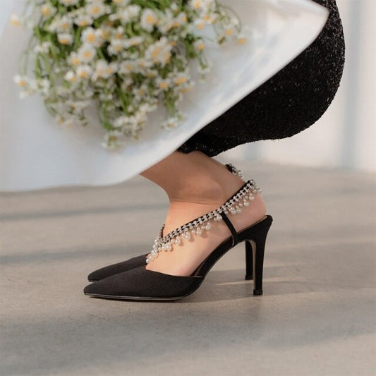 rhinestone pearl tassel high heel - LiveTrendsX