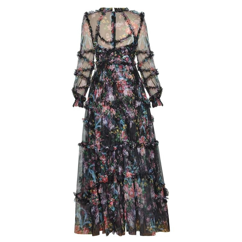 Women Long Sleeve Mesh Printed Ruffled Slim Party Maxi Dress