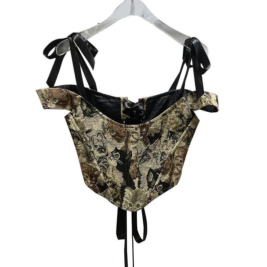 ヴィンテージ刺繍ベスト レディース スクエアカラー レースアップ セクシートップ