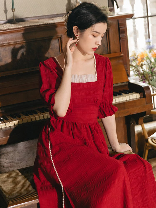 Red Beaded Elegant Retro Dress - LiveTrendsX