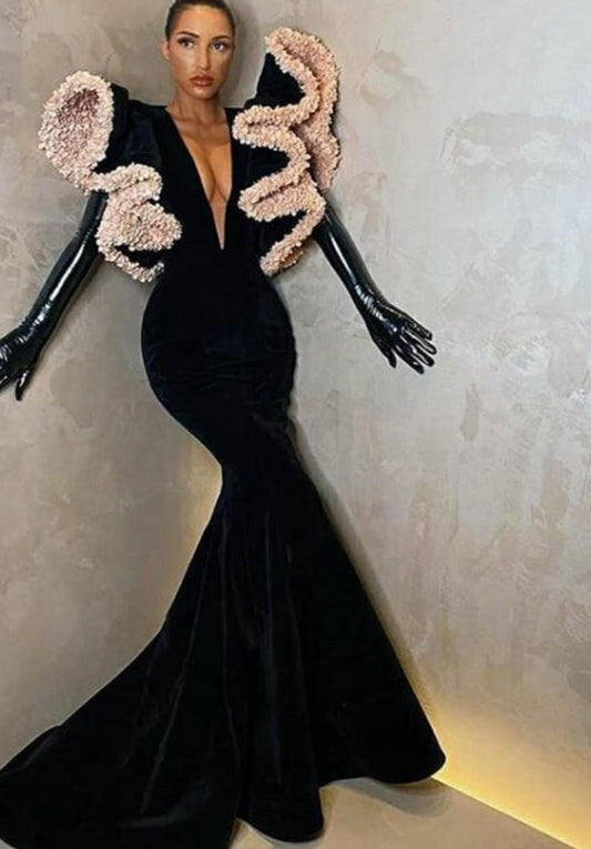 フリル パフスリーブ セクシーな深いVネック ロングプロムガウン