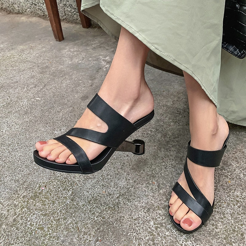 本革オープントゥスリッパレディース