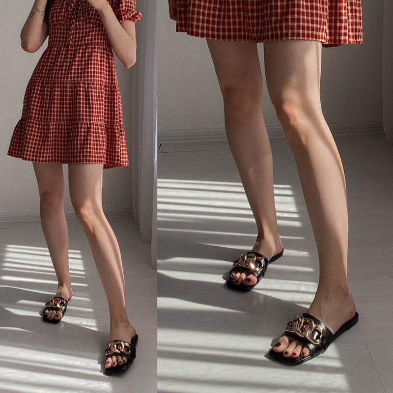 Women Golden Metal Chain Flip Flop