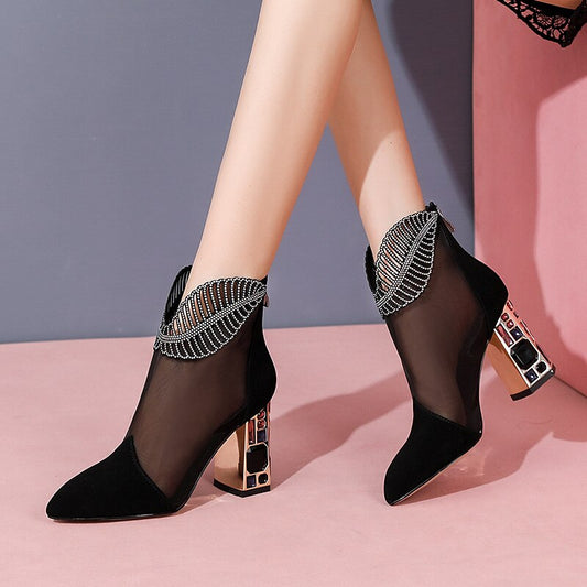 Patent leather high-heeled net boots