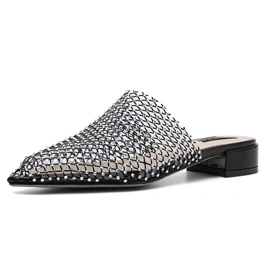 Women Pointed Toe Mules Thick Heels Slip