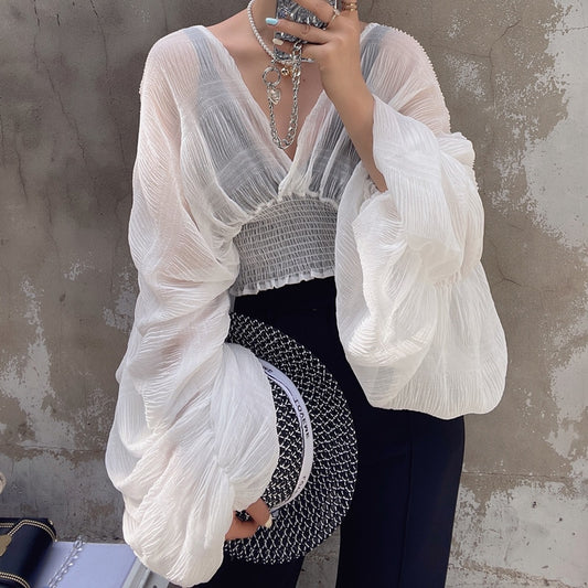 V-neck Puff Long Short Blouses Female