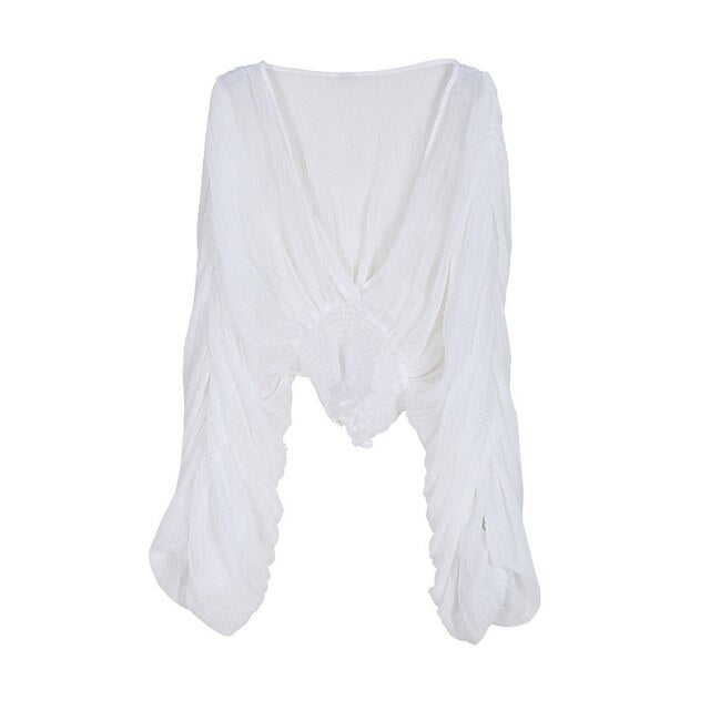 V-neck Puff Long Short Blouses Female