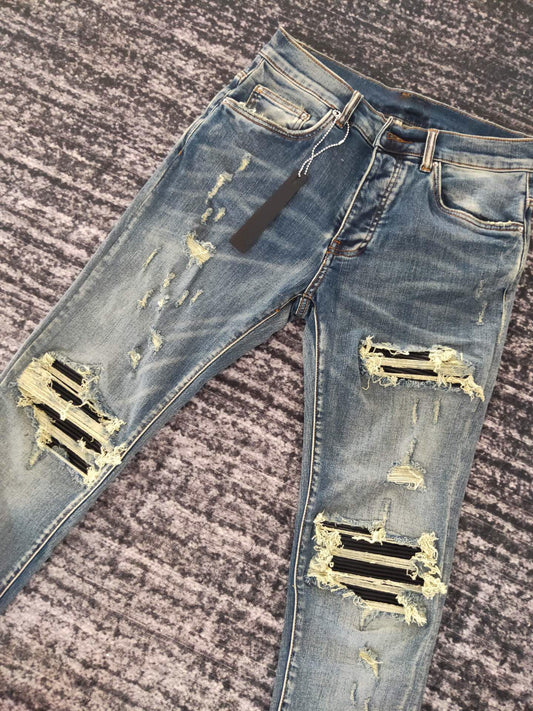 メンズ リブ パッチ ダメージ加工 ジーンズ