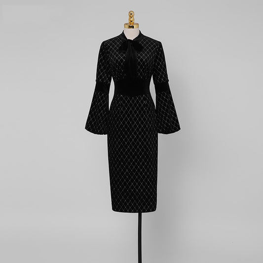 Designer Runway Lantern Sleeve Black Velvet Party Dinner Dresses