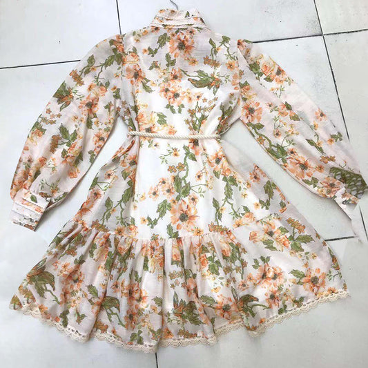 Vintage Print Summer Dress For Women Stand Collar Lantern Long Sleeve