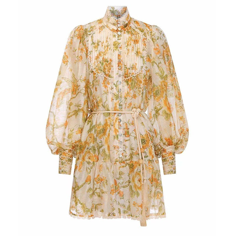 Vintage Print Summer Dress For Women Stand Collar Lantern Long Sleeve