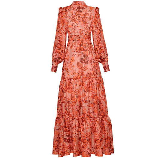 Spring New Women Vintage Elegant Lapel Printing Party Dresses