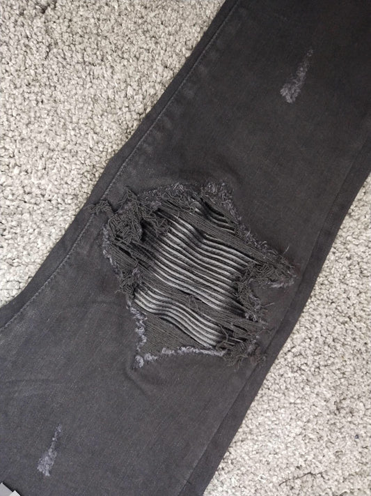 メンズ ストレッチ スキニー リブ パッチ ディストレスト ブラック ジーンズ