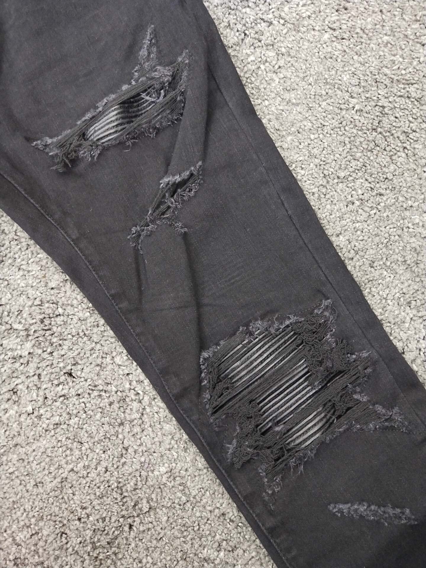 メンズ ストレッチ スキニー リブ パッチ ディストレスト ブラック ジーンズ